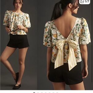 Anthropologie Citrus Print V-Back Blouse with Bow